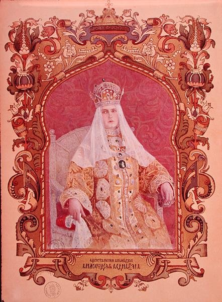 पारंपरिक राज्याभिषेक पोशाक में ज़ारिना एलेक्जेंड्रा फियोडोरोव्ना (1872-1918) का पोर्ट्रेट, सी .894 (देखें 173581) द्वारा रूसी स्कूल