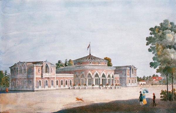 कैथरीन पार्क, 1824 में रेलवे स्टेशन और फ्रेंच रेस्तरां द्वारा रूसी स्कूल