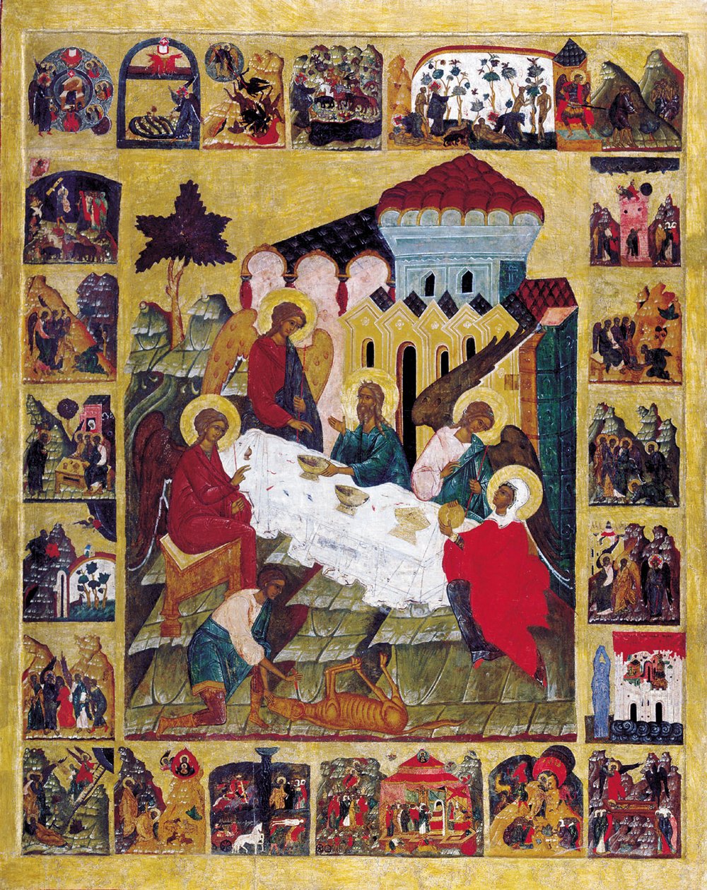 उत्पत्ति से दृश्यों के साथ ओल्ड टेस्टामेंट ट्रिनिटी, c1580। द्वारा रूसी आइकन।