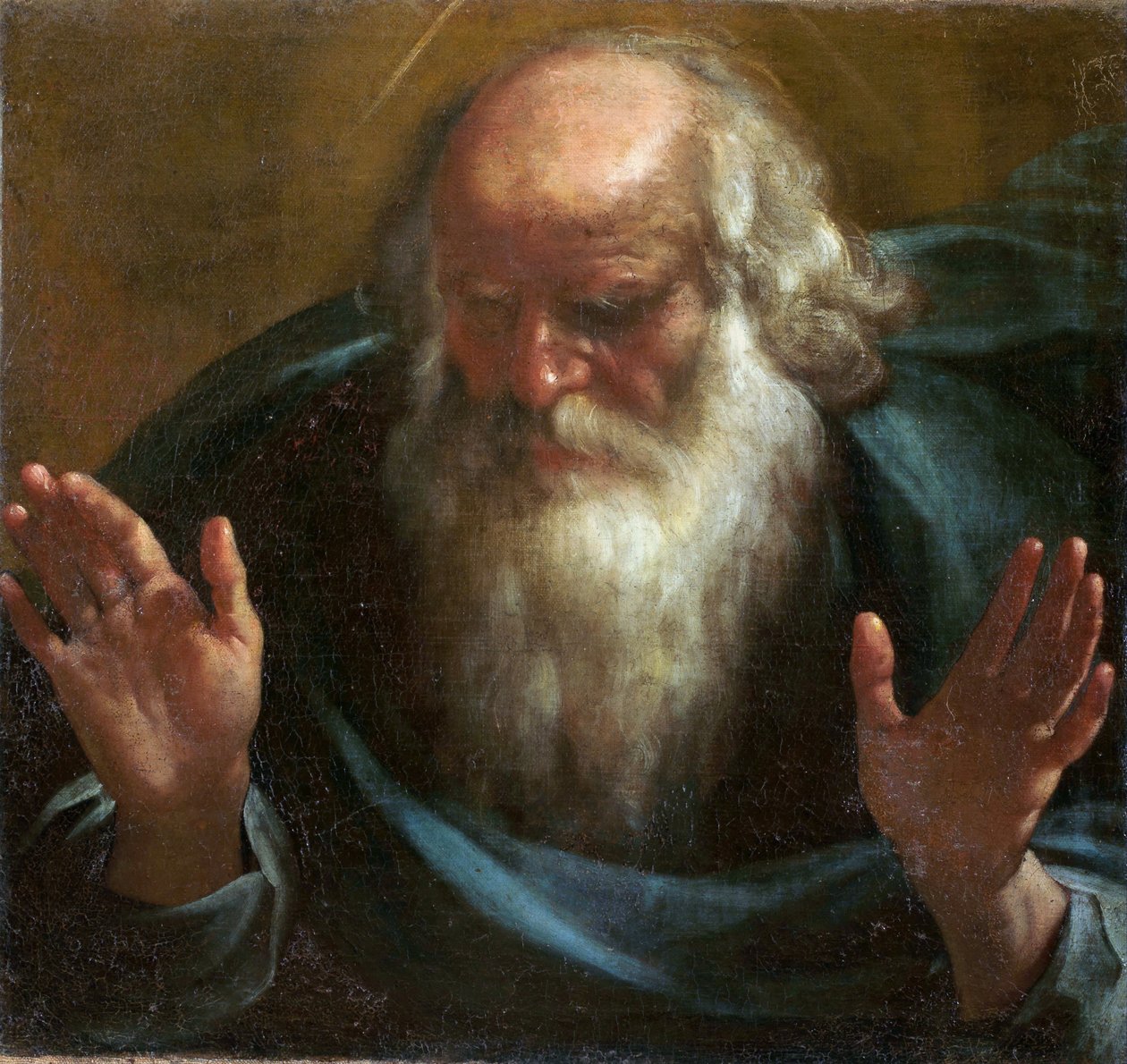 "" डियू ले पेरे "" (गॉड द फादर) रटिलियो मानेटी द्वारा पेंटिंग (1571-1639) प्रारंभिक 17 वीं शताब्दी के कैनवास पर तेल मंद 60x63 सेमी ऑरेटोरियो डी सैन बर्नार्डिनो ई म्यूजियो डायोसेसानो, सिएना द्वारा रुतिलियो मनेति