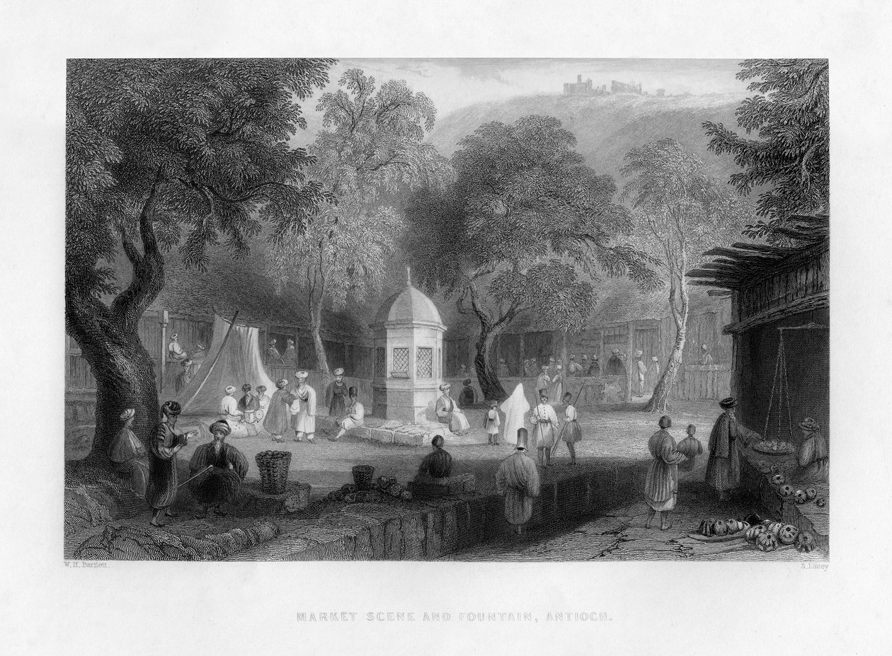 1841 में तुर्की के एंटिओक में एक बाजार का दृश्य और एक फव्वारा। द्वारा एस लेसी