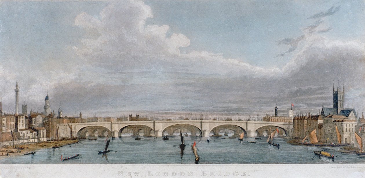 1829 में टेम्स नदी पर नावों के साथ पश्चिम से लंदन ब्रिज का दृश्य द्वारा एस रोजर्स