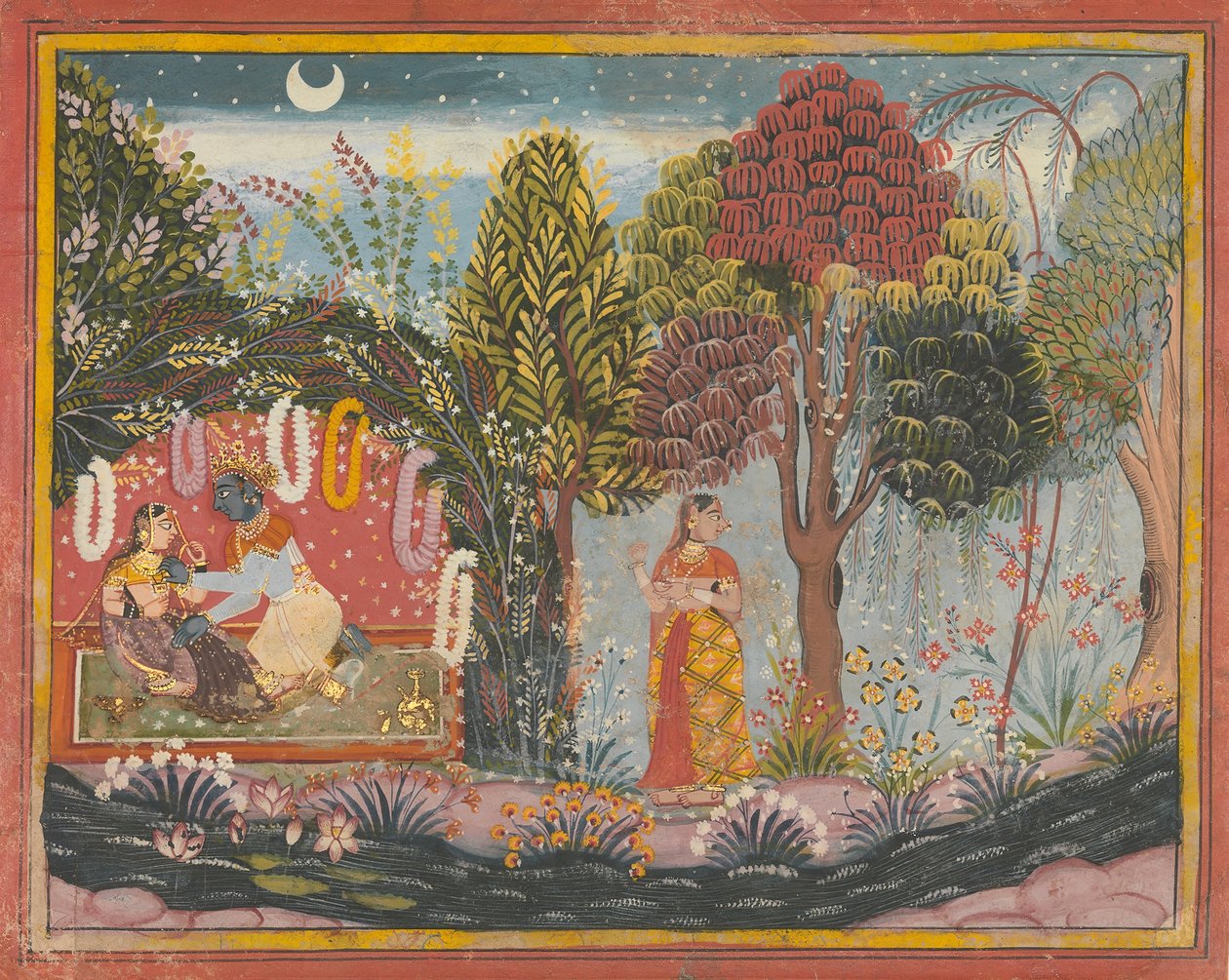 कृष्णा एंड राधा इन ए बोवर: पेज फ्रॉम ए डिसपर्स्ड गीता गोविंदा, सीए। 1665. द्वारा सहिब्दीन
