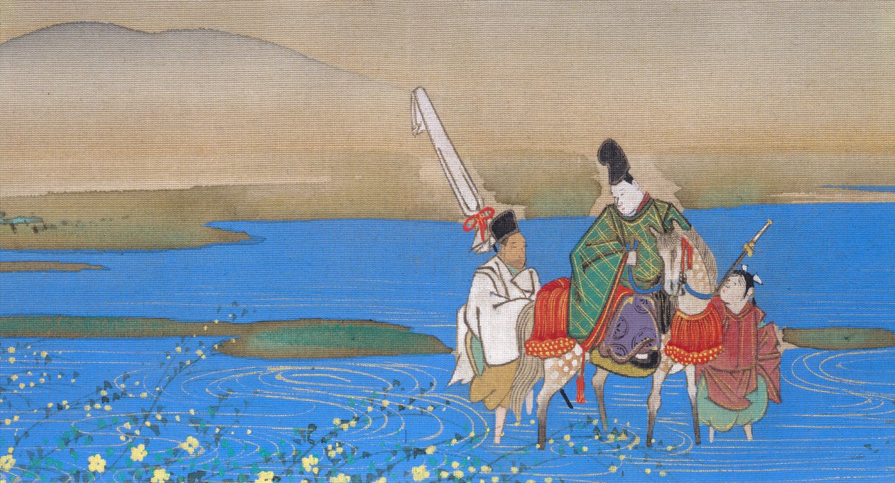 घोडा पार नदी पर नर दरबारी, c.1839 द्वारा सकई ओहो