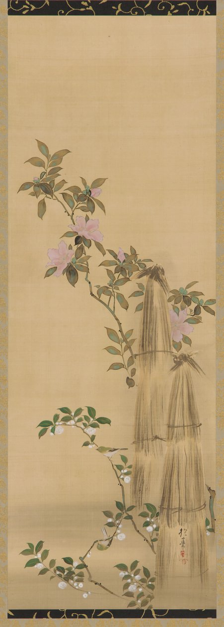 गुलाबी और सफेद फूल और पुआल के आवरण, ईदो काल, 1761-1828। द्वारा सकाई होइत्सु