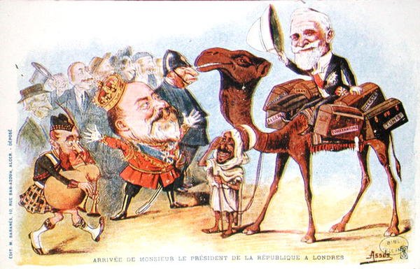 1903 में लंदन में फ्रांसीसी गणराज्य के राष्ट्रपति एमिल लुबेट (1838-1929) के आगमन का कैरिकेचर (कलर लिथो) द्वारा सलोमन असस