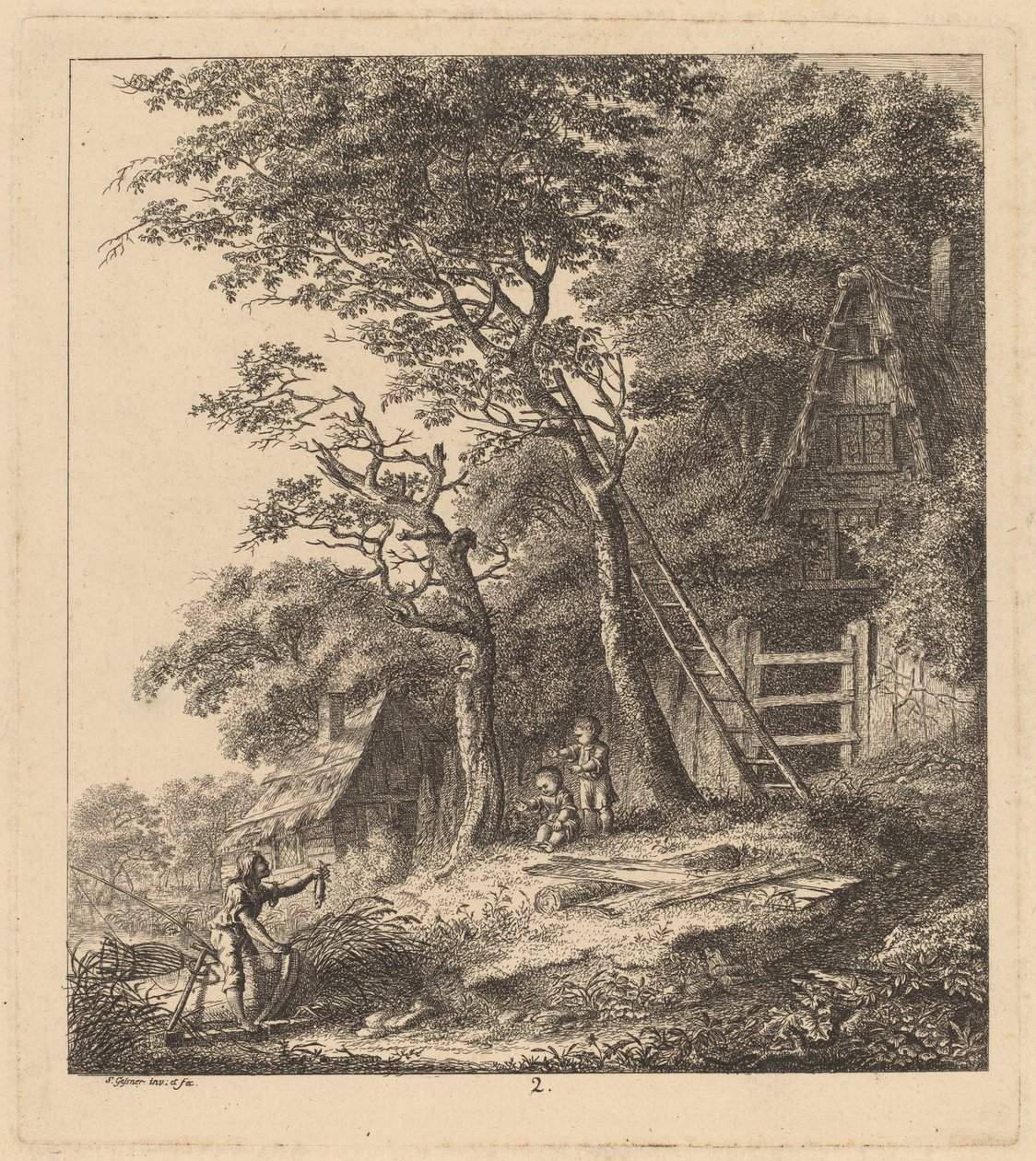 एक मछुआरा और दो बच्चे फूस के कॉटेज वाले लैंडस्केप में, 1764। द्वारा सॉलोमन गेसनर