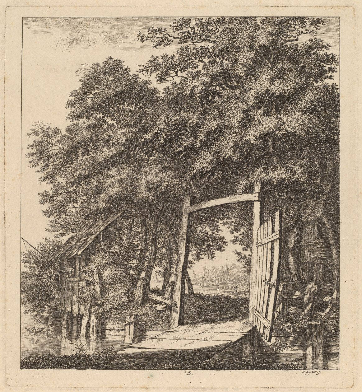 1764 में एक झील के किनारे एक देहाती गेट। द्वारा सॉलोमन गेसनर