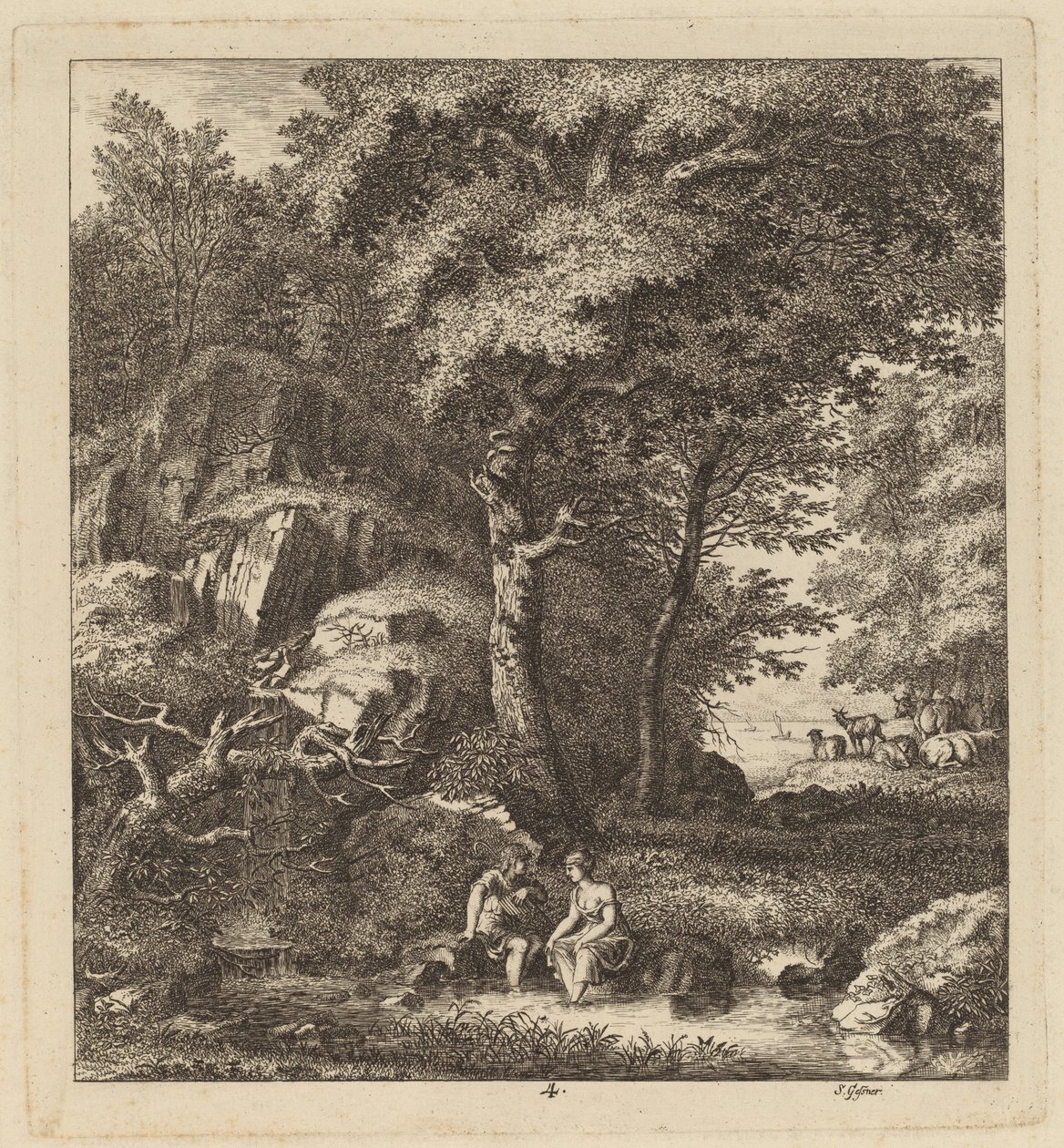 एक चरवाहा और एक युवा महिला अपने पैरों के साथ एक ब्रुक में, 1764। द्वारा सॉलोमन गेसनर