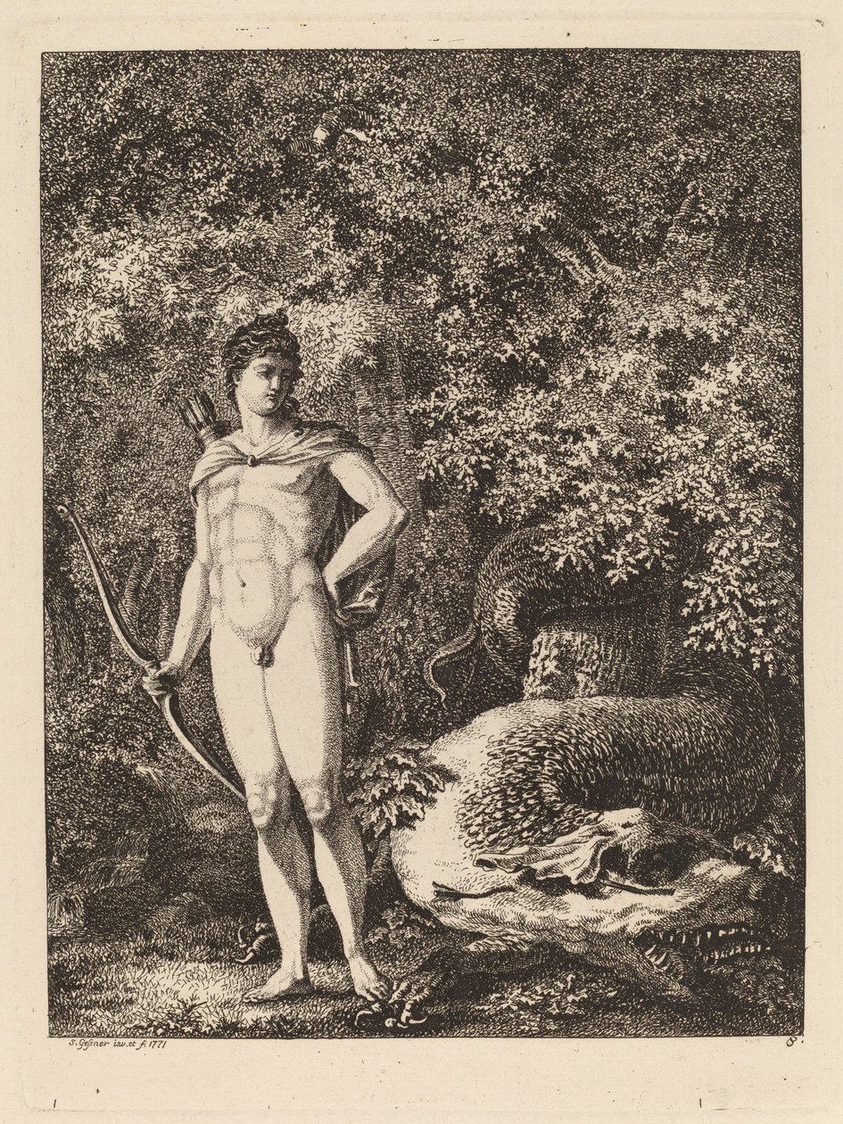 अपोलो विद ए बो एंड ड्रैगन, 1771। द्वारा सॉलोमन गेसनर