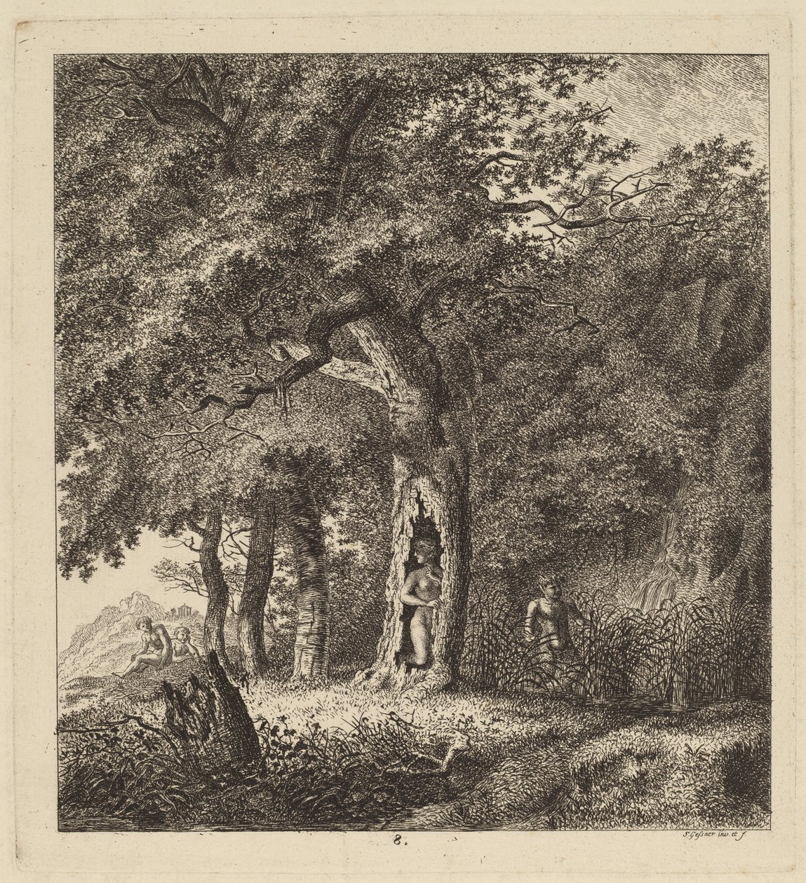 एक अप्सरा और एक व्यंग्य के साथ वुडेड लैंडस्केप, 1764। द्वारा सॉलोमन गेसनर
