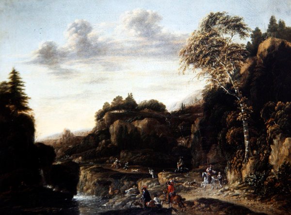 वुडेड लैंडस्केप विथ स्टैग हंट बाई अ रिवर, c.1690 (कैनवास पर तेल) द्वारा सलोमन रॉम्बआउट्स