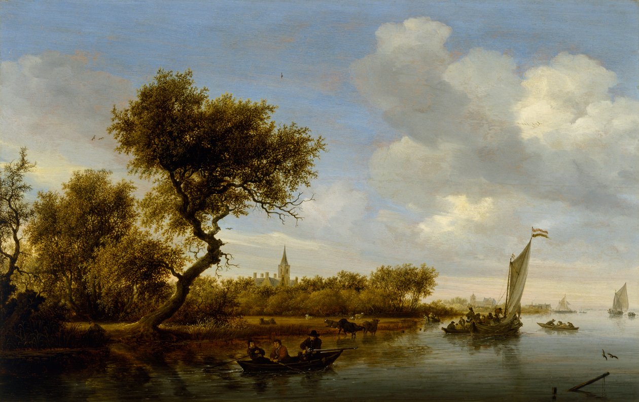 दूरी में एक चर्च के साथ नदी लैंडस्केप, c.1655-1660 (लकड़ी पर तेल) द्वारा सॉलोमन वैन रुइसेडेल या रुइसडेल