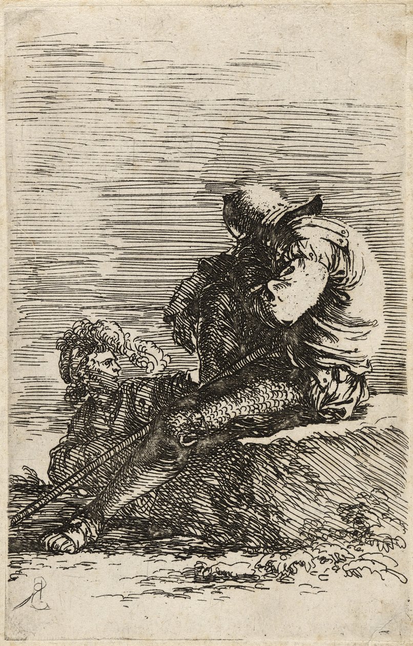 दो सिपाही, एक एक गन्ना पकड़े हुए सी पर बैठा, c.1656-57 (रखी कागज पर नक़्क़ाशी) द्वारा निस्तारण रोजा