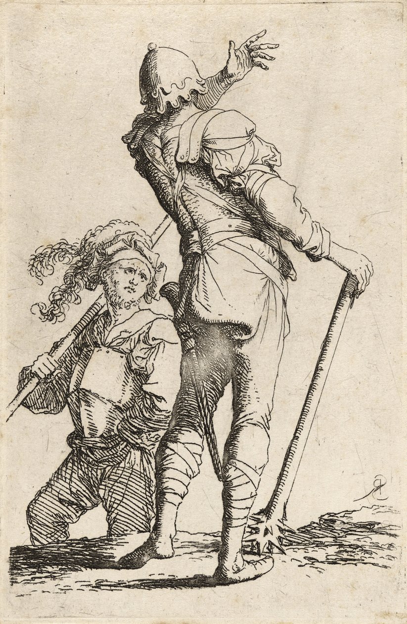 दो योद्धा, एक गदा पकड़े हुए और दूसरे को मोड़ने के लिए, c.1656-57 (रखी कागज पर ड्रायपॉइंट के साथ नक़्क़ाशी) द्वारा निस्तारण रोजा