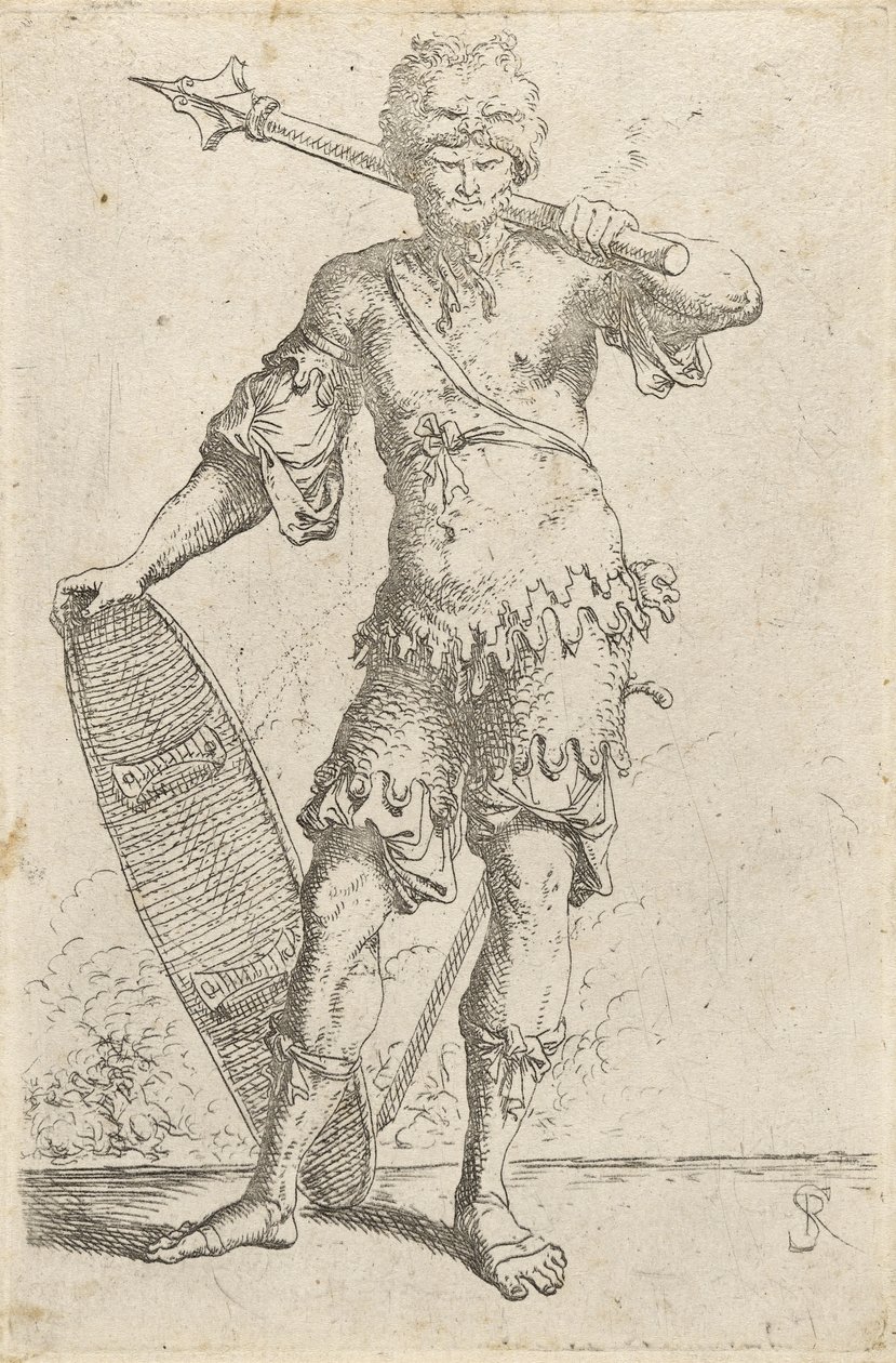विदेशी योद्धा खड़े शेर-सिर वाली टोपी पहने, एक गदा और शील्ड पकड़े, c.1656-57 (रखी हुई कागज़ पर नक्काशी) द्वारा निस्तारण रोजा