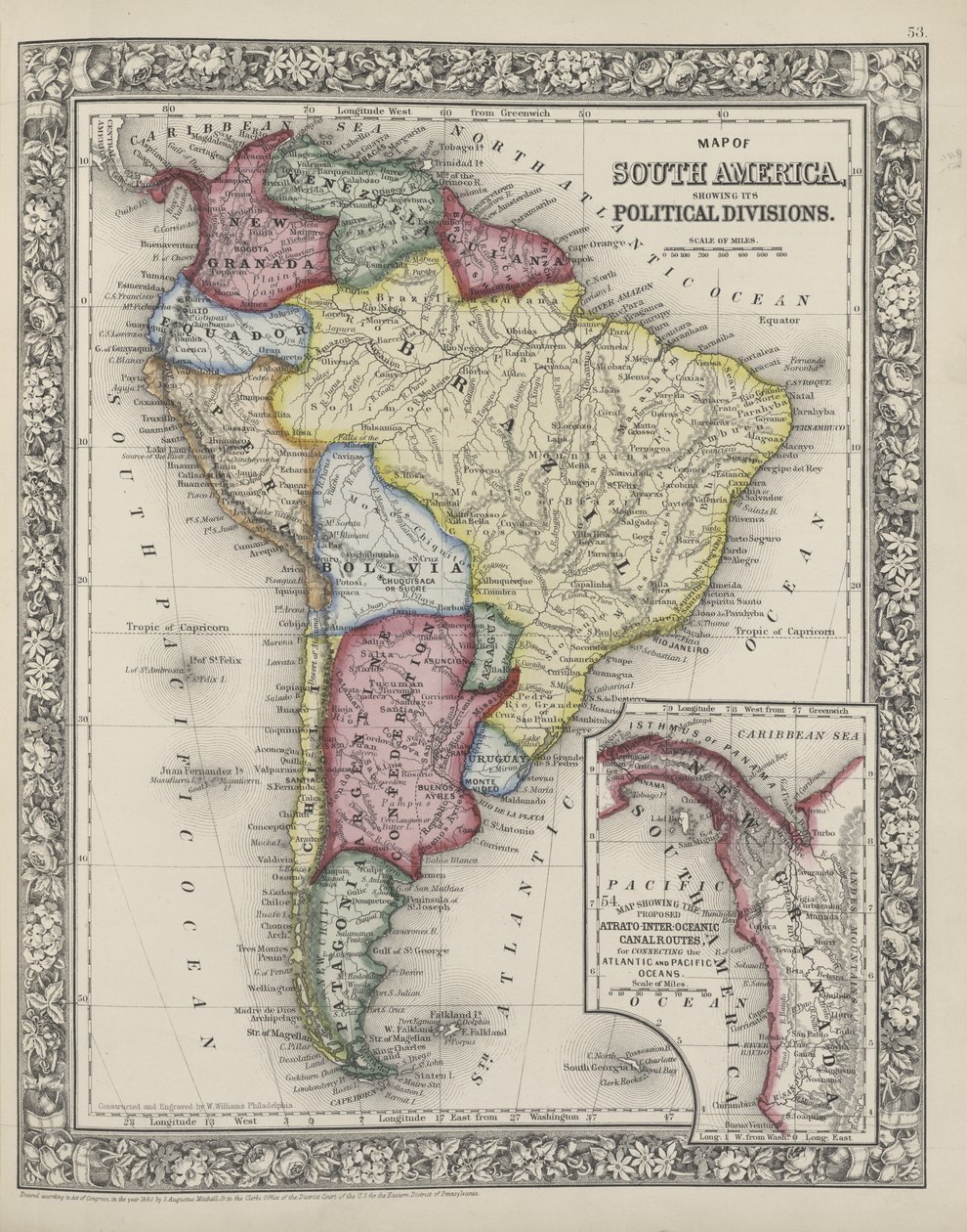 दक्षिण अमेरिका का नक्शा, मिशेल के नए सामान्य एटलस, 1863 से अपने राजनीतिक विभाजन को दर्शाता है द्वारा सैमुअल ऑगस्टस मिशेल