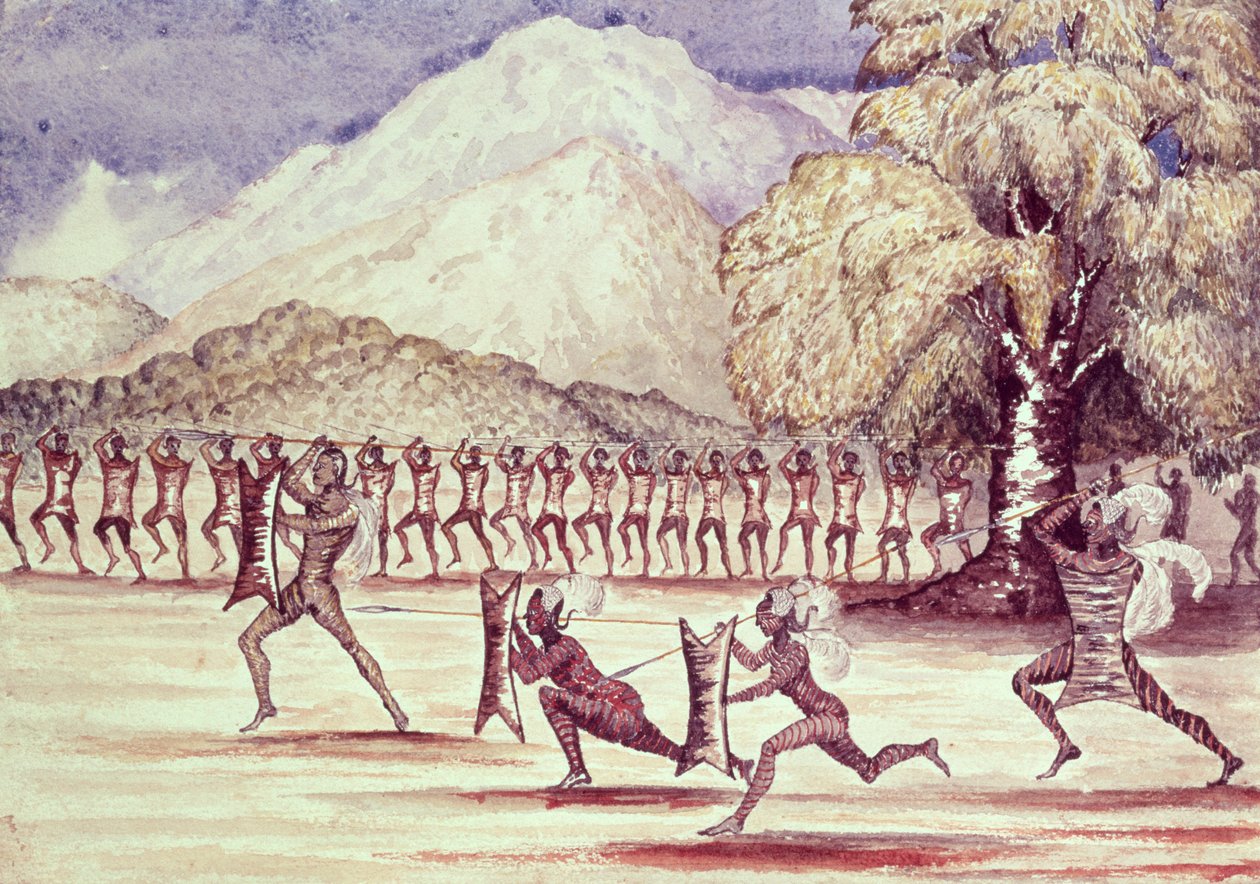 युद्ध नृत्य, सर सैमुअल बेकर द्वारा 1866 में &39;द अल्बर्ट न्येनज़ा ग्रेट बेसिन ऑफ़ द नाइल&39; द्वारा सैमुअल बेकर
