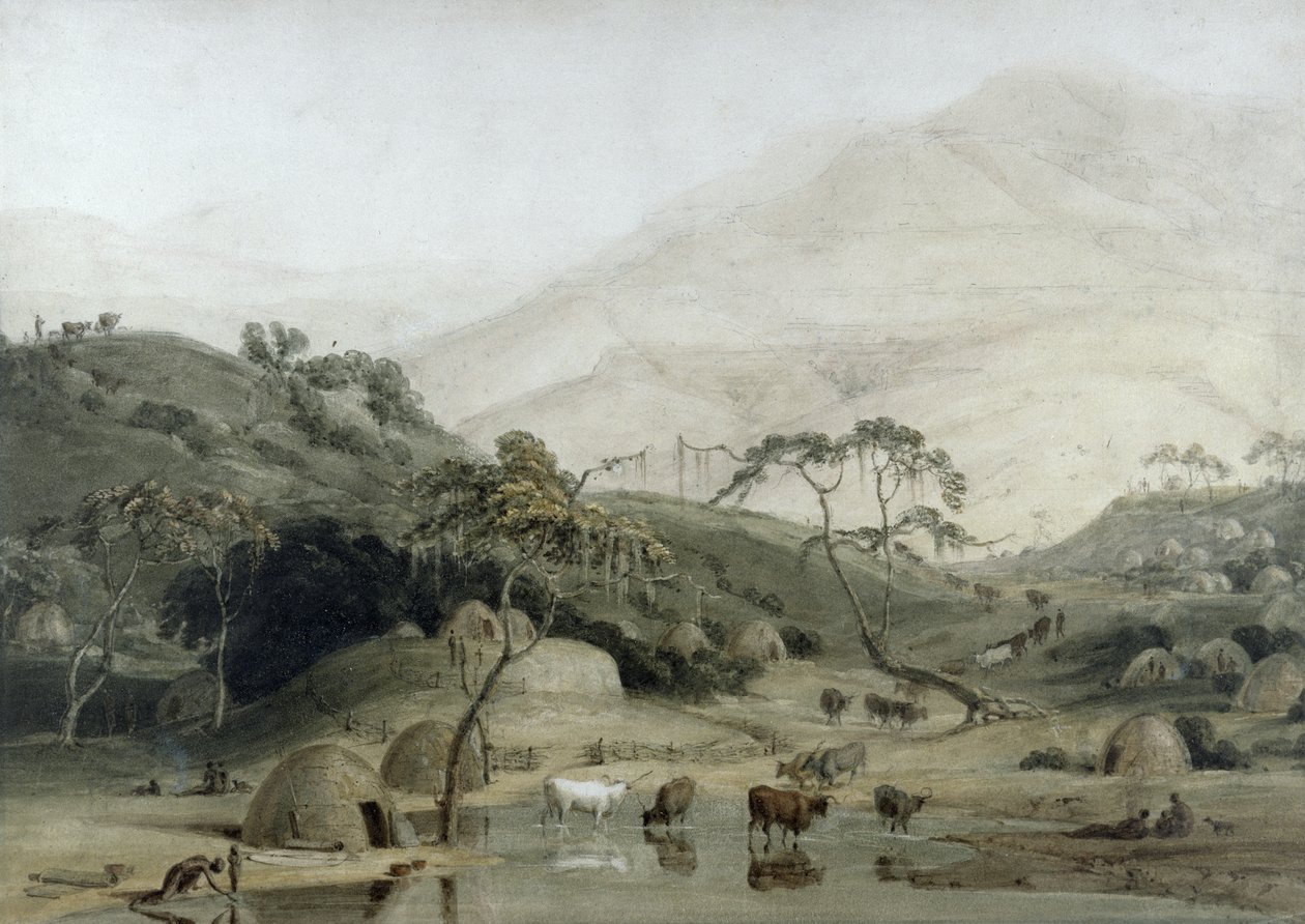 एक काफ़िर गाँव, c.1801 (wc और ग्रेफाइट पेपर पर) द्वारा सैमुअल डेनियल