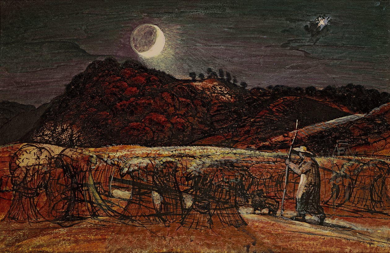 इवनिंग स्टार के साथ मूनलाइट द्वारा कॉर्नफील्ड, c.1830 (wc und bodycolour with pen und ink) द्वारा सैमुअल पामर