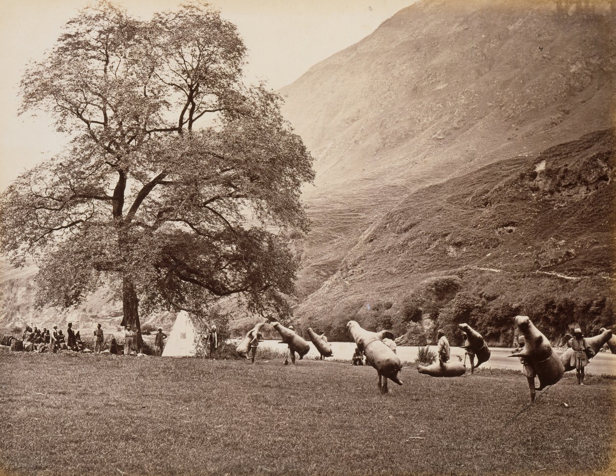 बजौरा के नीचे ब्यास नदी को पार करने के लिए मस्सक्स, 1866। द्वारा सैमुअल बॉर्न