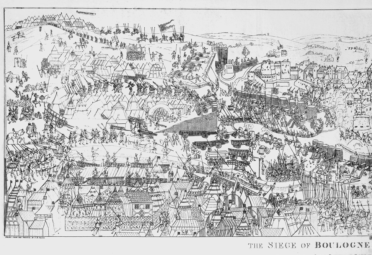 1544 में किंग हेनरी अष्टम (1491-1547) द्वारा बोलोग्ने की घेराबंदी, जेम्स बेसायर द्वारा उकेरी गई, 1788 (106603 देखें) द्वारा सैमुअल हैरिअम ग्रिम