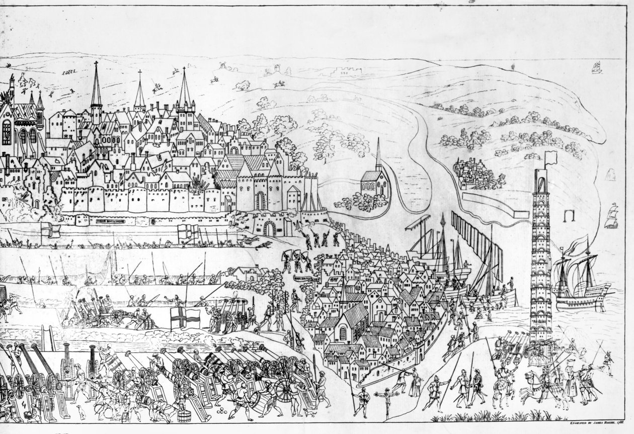 1544 में किंग हेनरी अष्टम (1491-1547) द्वारा बोलोग्ने की घेराबंदी, जेम्स बेसायर, 1788 द्वारा उत्कीर्ण (देखें 106602) द्वारा सैमुअल हैरिअम ग्रिम