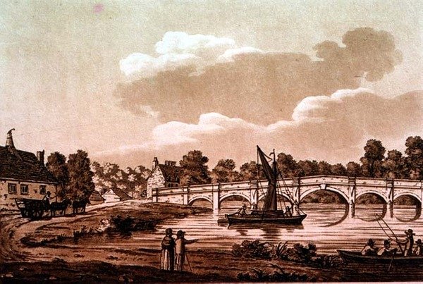 चेर्टसी ब्रिज, 'थेम्स नदी के सुरम्य दृश्य', पब से चित्रण। 1799 (नक़्क़ाशी, एक्वाटिंट) द्वारा सैमुअल आयरलैंड