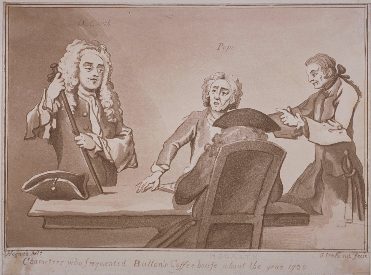 रसेल स्ट्रीट, वेस्टमिंस्टर, c.1720 (एक्वाटिंट) पर बटन कॉफ़ी हाउस में चार आदमी एक टेबल पर गोल करते हैं द्वारा सैमुअल आयरलैंड
