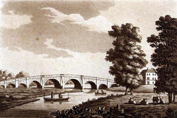 वाल्टन ब्रिज, सरे, 'टेम्स नदी के सुरम्य दृश्य', पब से चित्रण। 1799 (नक़्क़ाशी, एक्वाटिंट) द्वारा सैमुअल आयरलैंड