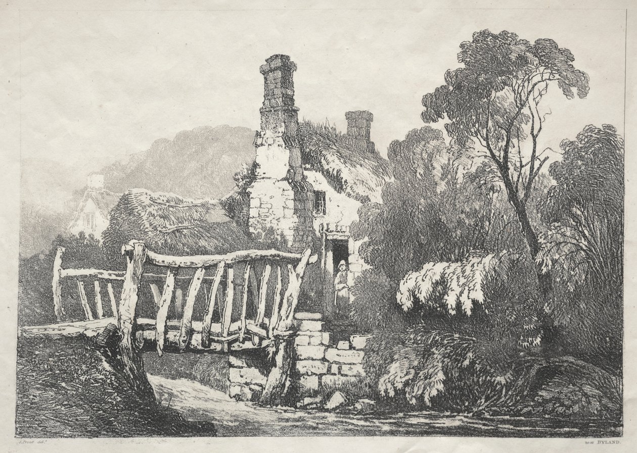 इंग्लैंड के उत्तर में प्राचीन इमारतों और ग्रामीण कॉटेज की एक श्रृंखला: बायरलैंड के पास, 1821। द्वारा सैमुअल प्राउट