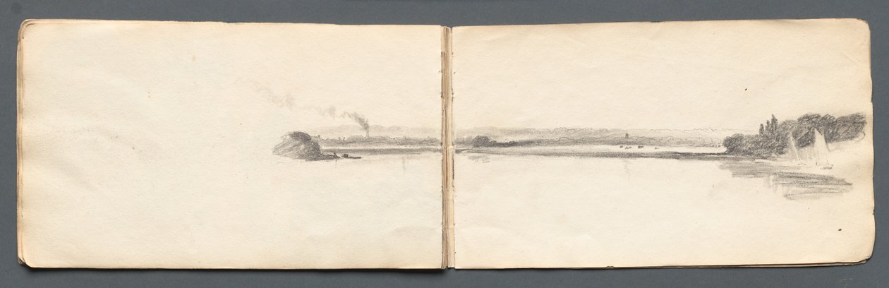 स्केचबुक: सेलबोट्स के साथ लैंडस्केप, 1814। द्वारा सैमुअल प्राउट