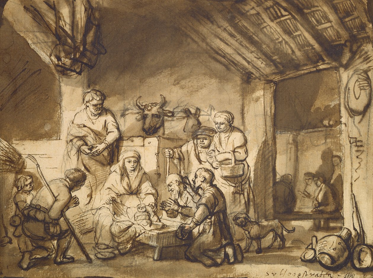 चरवाहों की आराधना, c.1646 (कागज पर कलम और ब्रश और पेंसिल) द्वारा सैमुअल वैन हुगस्ट्रेटन