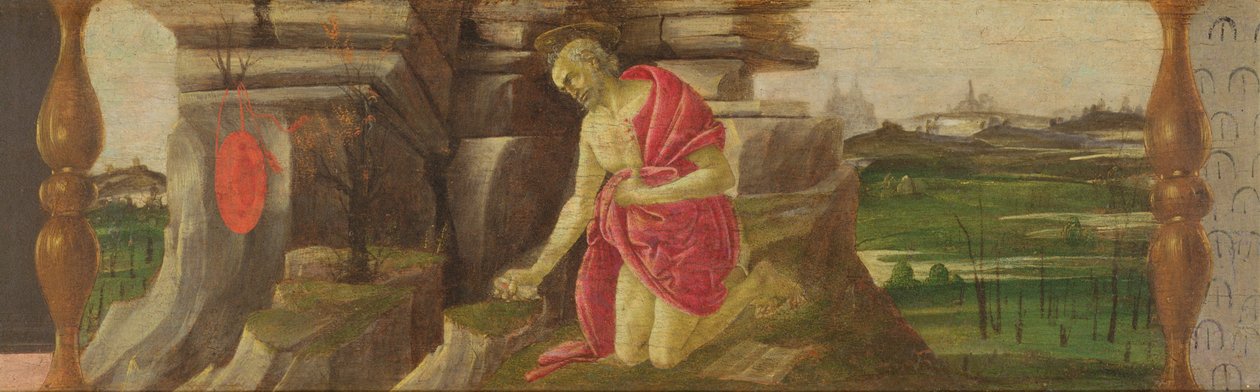सेंट जेरोम इन पेनिटेंस, सेंट मार्क के अल्टारपीस से प्रेडेला पैनल, c.1488-90 (पैनल पर तापमान) (44333, 44348, 44331, 138693 देखें) द्वारा सैंड्रो बॉटलिकली