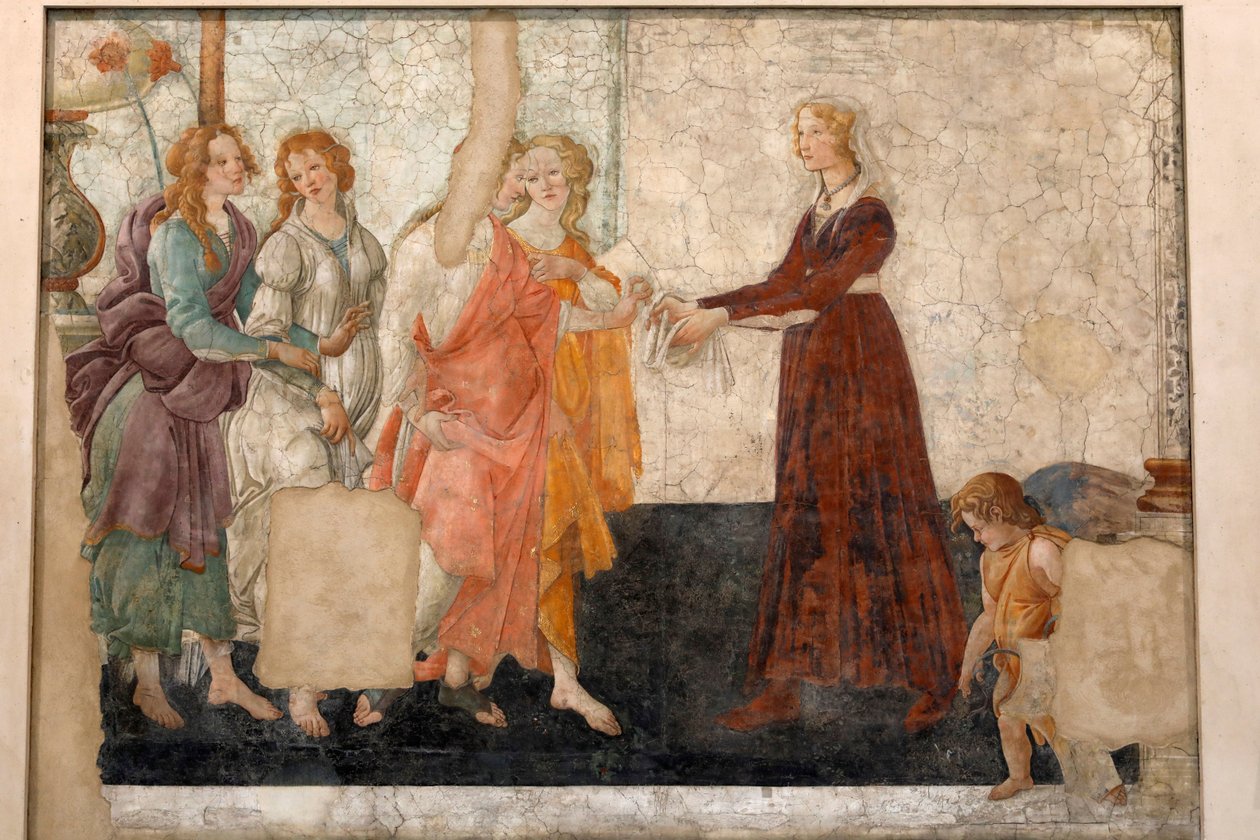 शुक्र और 3 कृपाएँ एक युवती को उपहार देते हुए, c.1483-85 (फ्रेस्को) द्वारा सैंड्रो बॉटलिकली