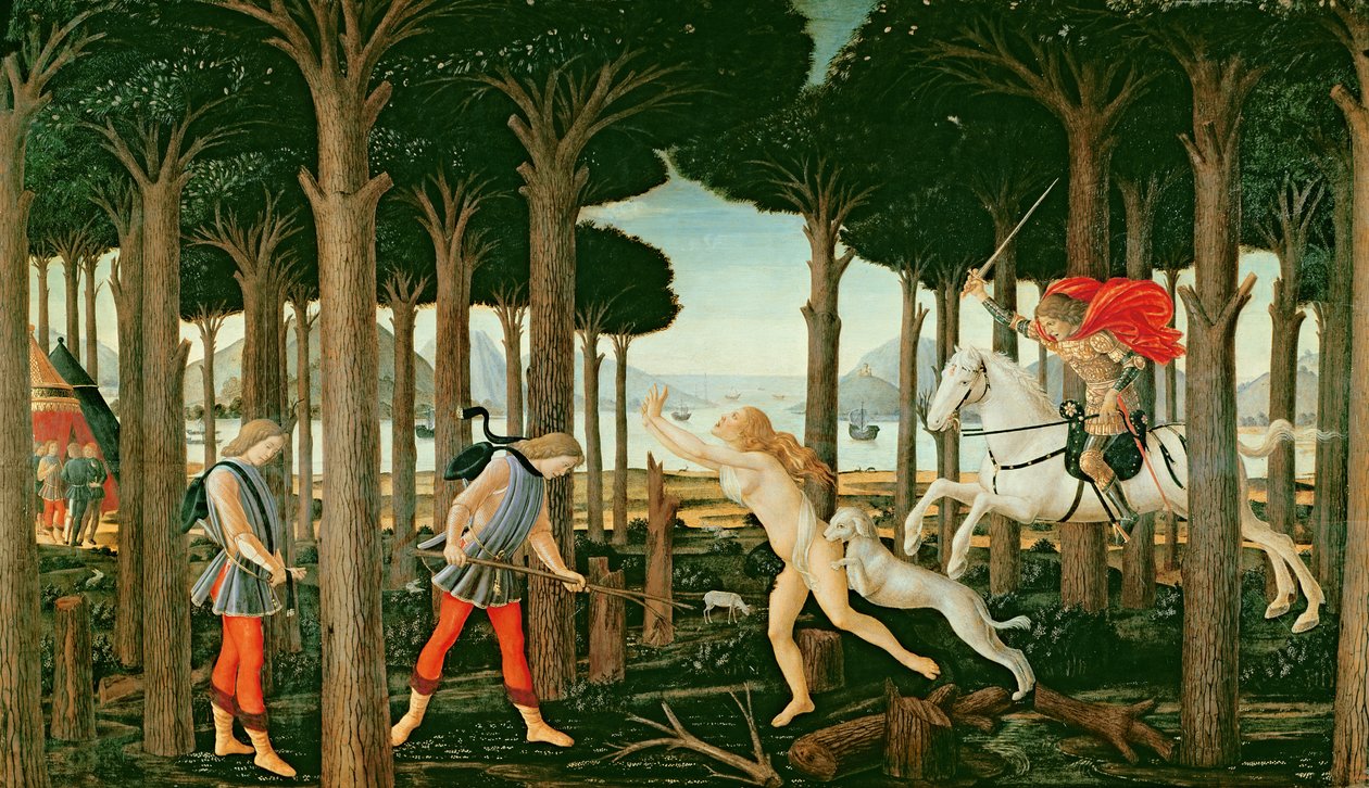 Nastagio का जंगल में भूतिया पीछा का विज़न: Nastagio degli Onesti की कहानी का दृश्य I, c.1483 (पैनल पर तापमान) द्वारा सैंड्रो (और कार्यशाला) बॉटलिकेली