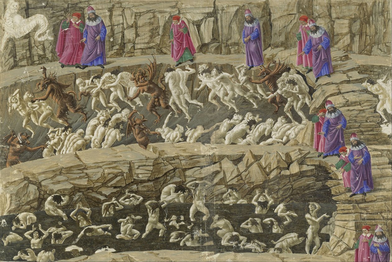 कैंटो XVIII, नरक के 8 वें सर्कल का हिस्सा, दांते के "इन्फर्नो" से चित्रण, c.1485 द्वारा सैंड्रो बॉटलिकली