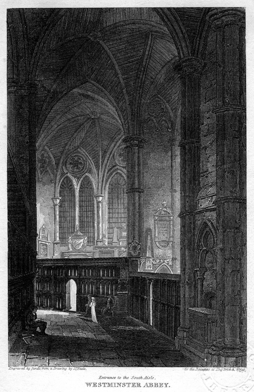 दक्षिण गलियारे में प्रवेश, वेस्टमिंस्टर एब्बे, लंदन, 1816। द्वारा रेत