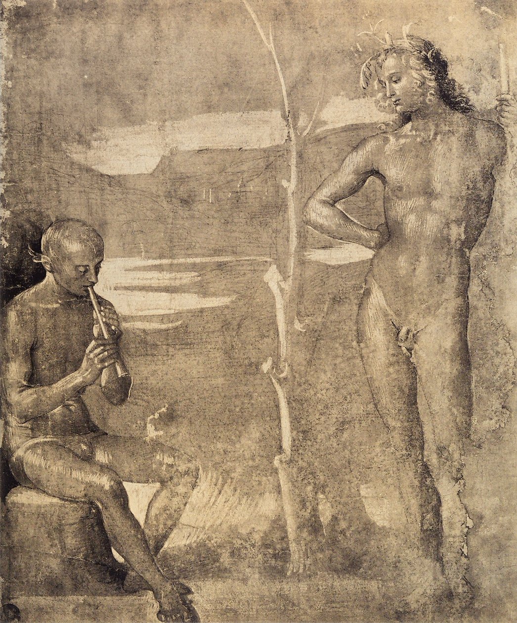 अपोलो और मार्सिया के लिए प्रारंभिक ड्राइंग, 1490-92 (कागज पर धोने के साथ कलम और स्याही) द्वारा राफेलो सानज़ियो राफेल