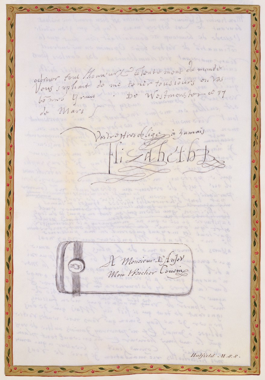 एलिजाबेथ I द्वारा फ्रेंकोइस डे वलॉइस, ड्यूक डी&39;एनजॉ और अल्केनोन को &39;मेमोइर ऑफ द कोर्ट ऑफ क्वीन एलिजाबेथ&39; द्वारा लिखे गए एक पत्र की प्रतिकृति, 1825 में प्रकाशित (कागज पर कलम और स्याही) (141441 देखें) द्वारा एसेक्स की सारा काउंटेस