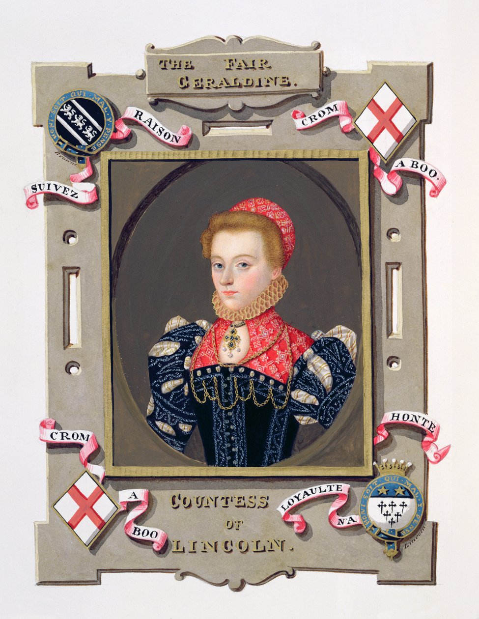 एलिजाबेथ फिजराल्ड़ का पोर्ट्रेट (c.1528-89) 1825 में प्रकाशित स्टीफन वैन डेर म्यूलन (1632-1690) के चित्र के बाद &39;क्वीन एलिजाबेथ के संस्मरण&39; से लिंकन की गिनती। द्वारा एसेक्स की सारा काउंटेस