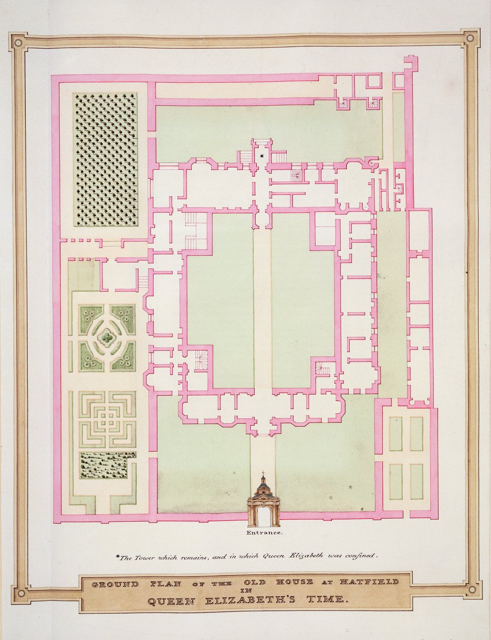 1825 में प्रकाशित &39;क्वीन एलिजाबेथ के संस्मरण&39; से क्वीन एलिजाबेथ के समय में हैटफील्ड में ओल्ड हाउस का ग्राउंड प्लान द्वारा एसेक्स की सारा काउंटेस