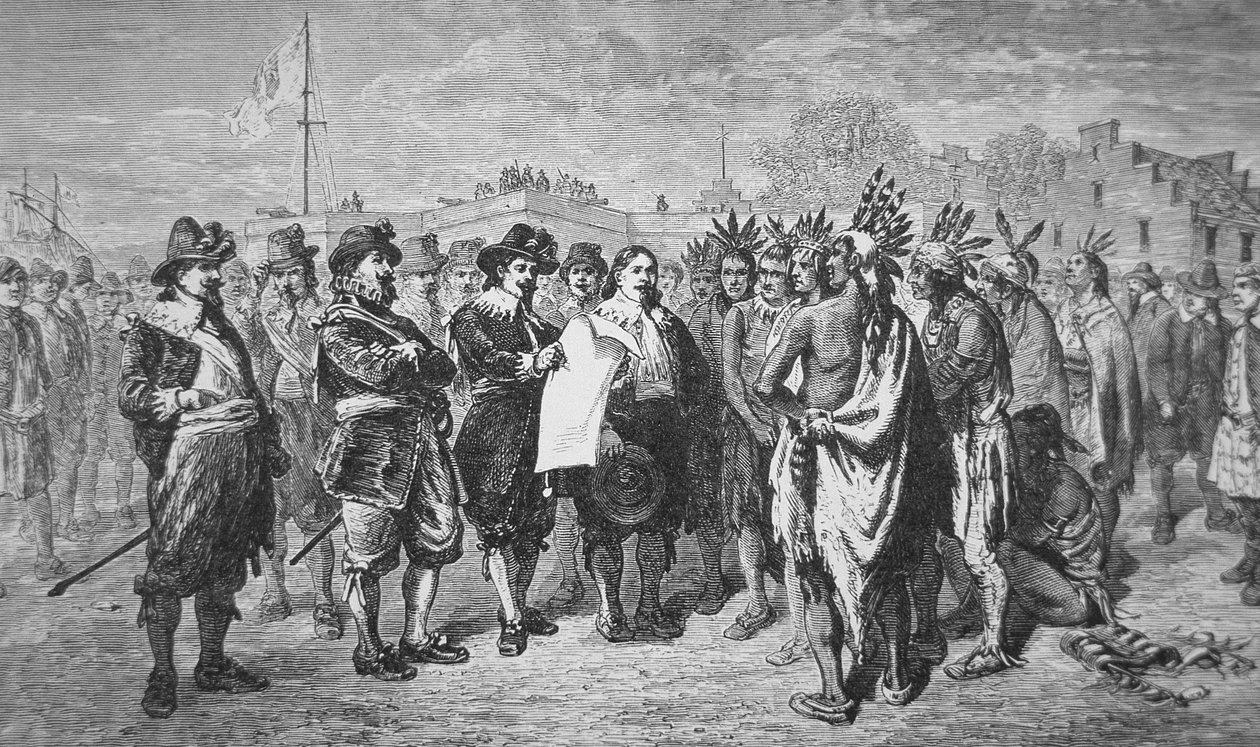 गवर्नर कीफ्ट ने 1646 में भारतीयों के साथ शांति स्थापित की (लिथो) द्वारा स्कूल अमेरिकी