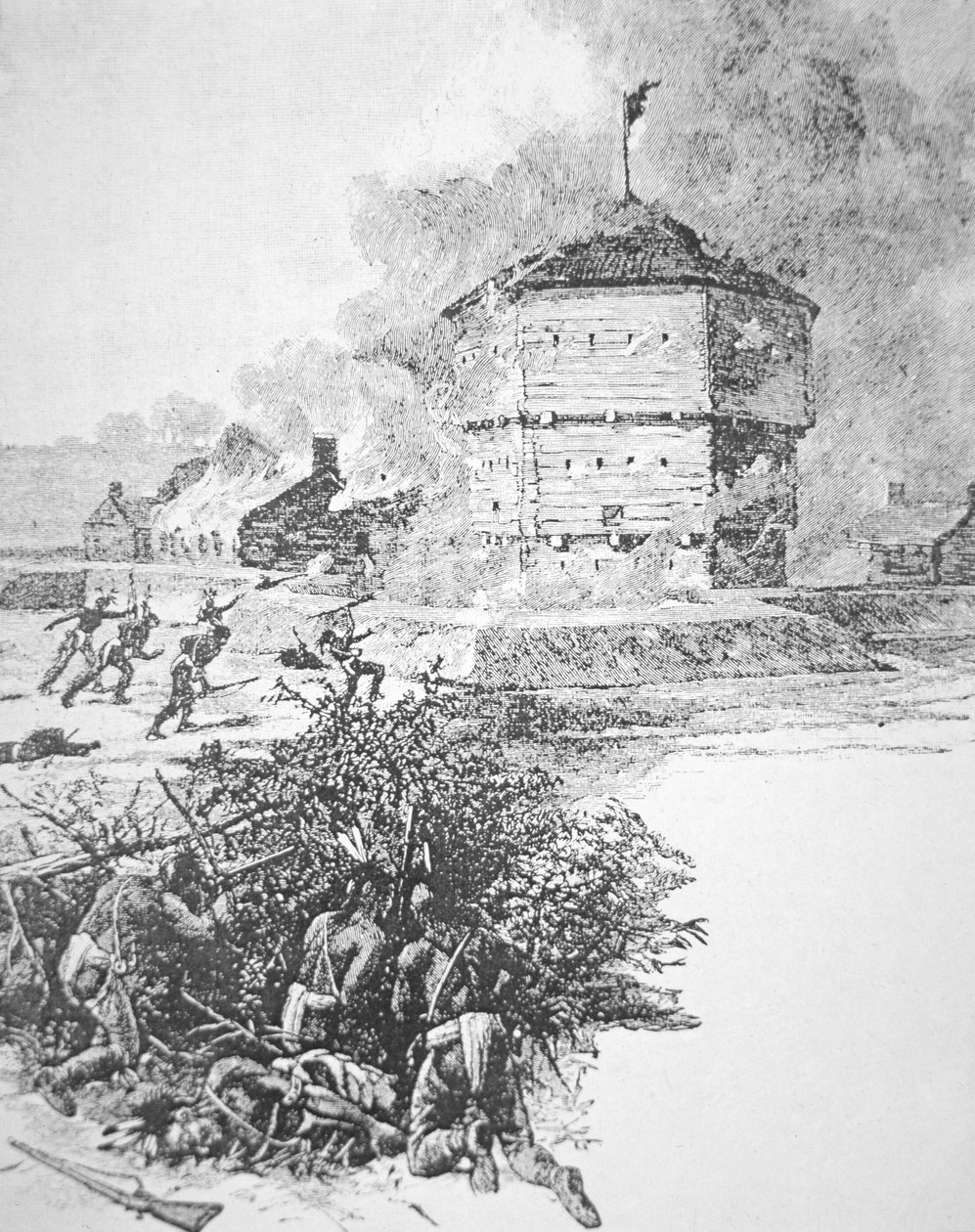 1763 के वसंत में ओटावा जनजाति के प्रमुख पोंटियाक द्वारा फोर्ट डेट्रॉइट की घेराबंदी (लिथो) द्वारा स्कूल अमेरिकी