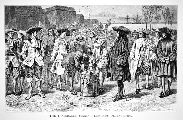 1689 में लीस्लर की घोषणा पर हस्ताक्षर करने वाले ट्रेनबैंड (उत्कीर्णन) द्वारा स्कूल अमेरिकी