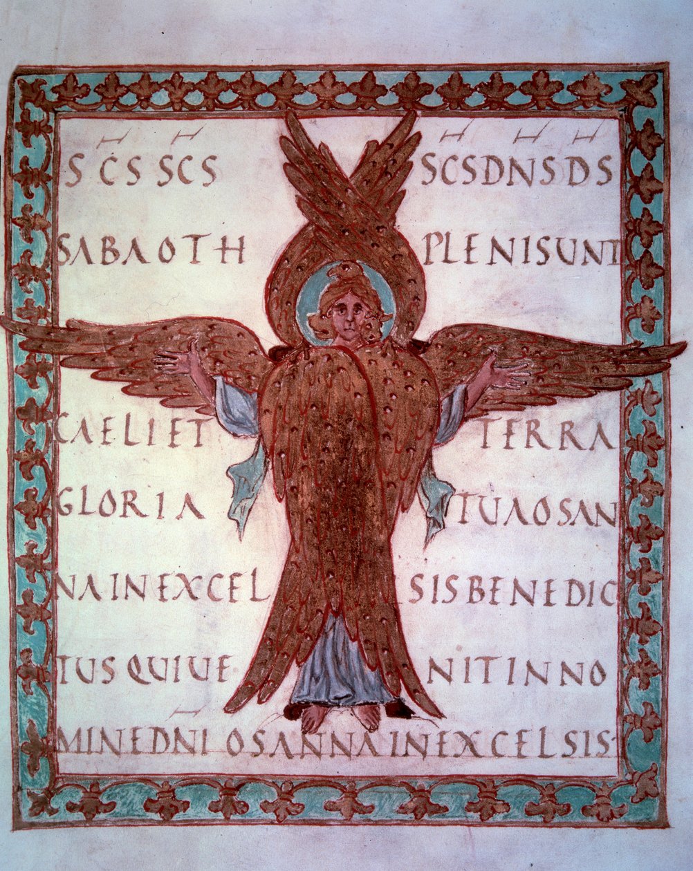 कैरोलिंगियन पांडुलिपि "सैक्रामेंटेयर डी ड्रोगन" से ली गई एक लघु सेराफिन का प्रतिनिधित्व, शारलेमेन के बेटे ड्रोगन के लिए अभिप्रेत है। 9वीं शताब्दी पेरिस, बीएन द्वारा स्कूल कैरोलिंगियन