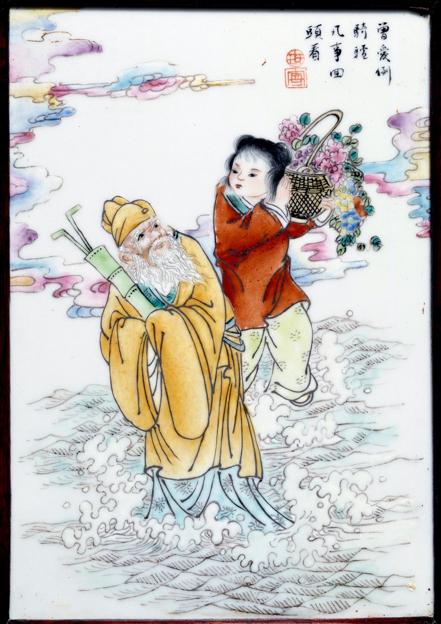 वसंत का रूपक फूलों की टोकरी पकड़े एक महिला और स्प्रे में चलते हुए एक बूढ़ा आदमी। अनाम चीनी मिट्टी के बरतन, चीन पर चित्रकारी द्वारा स्कूल चीनी