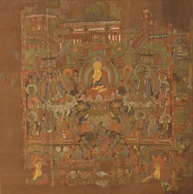 अध्याय 1.iii.02 भैसज्यगुरु का स्वर्ग, 8वीं-9वीं शताब्दी, तुनहुआंग (रेशम पर कपड़े का रंग) द्वारा स्कूल चीनी
