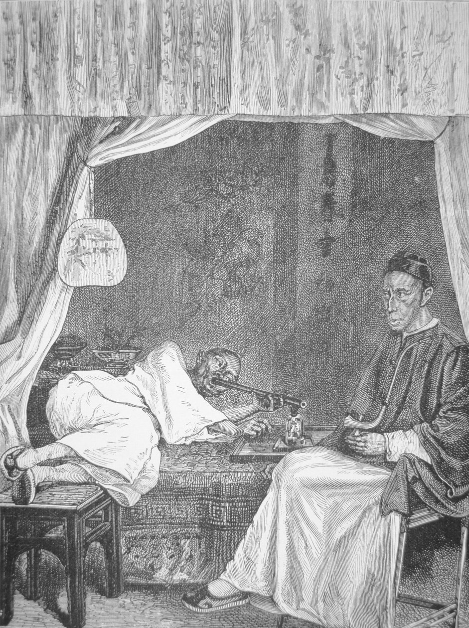 चीनी अफीम धूम्रपान करने वालों, 1875 से उत्कीर्णन (लिथो) द्वारा स्कूल चीनी