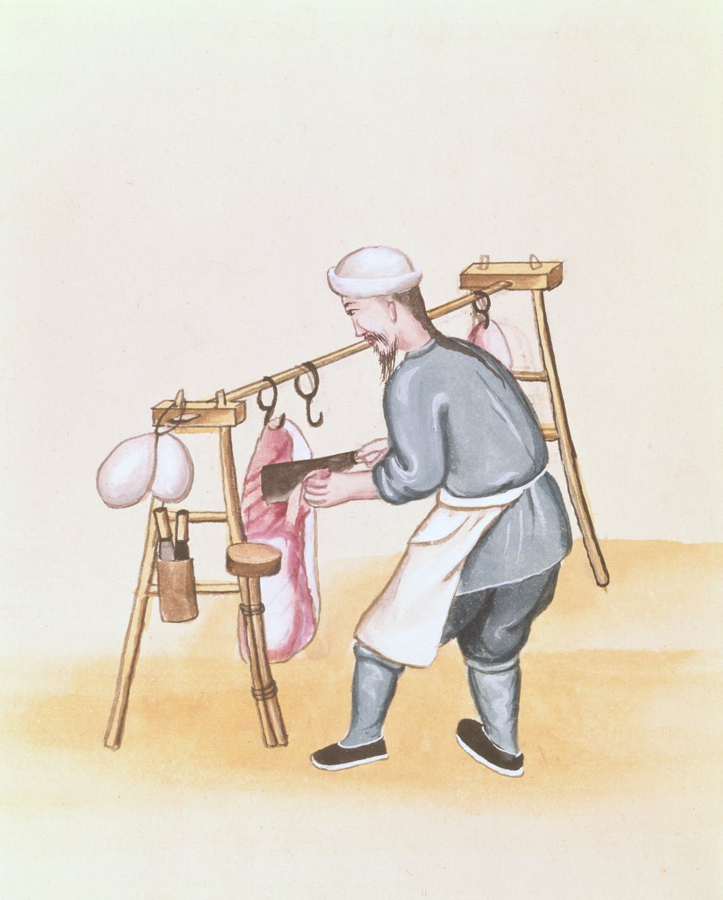 द मीट सेलर, पेकिंग की स्ट्रीट कॉल्स पर एक किताब से, c.1785 (कागज पर वॉटरकलर और गौचे) द्वारा स्कूल चीनी